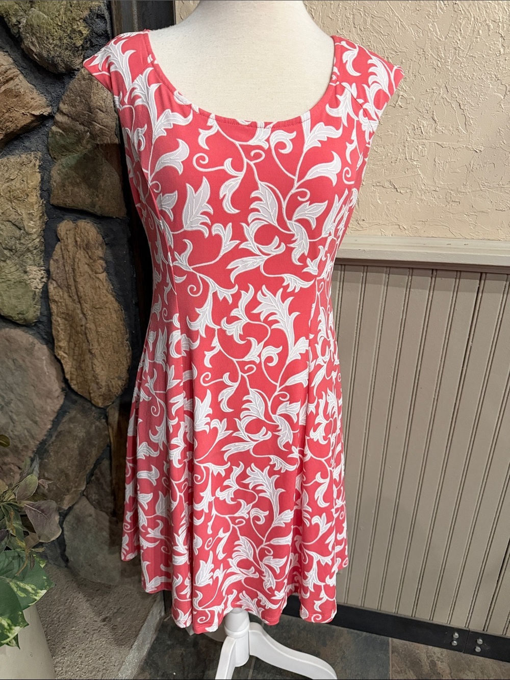 Floral Scoop-Neck Coral Mini Dress with White Print